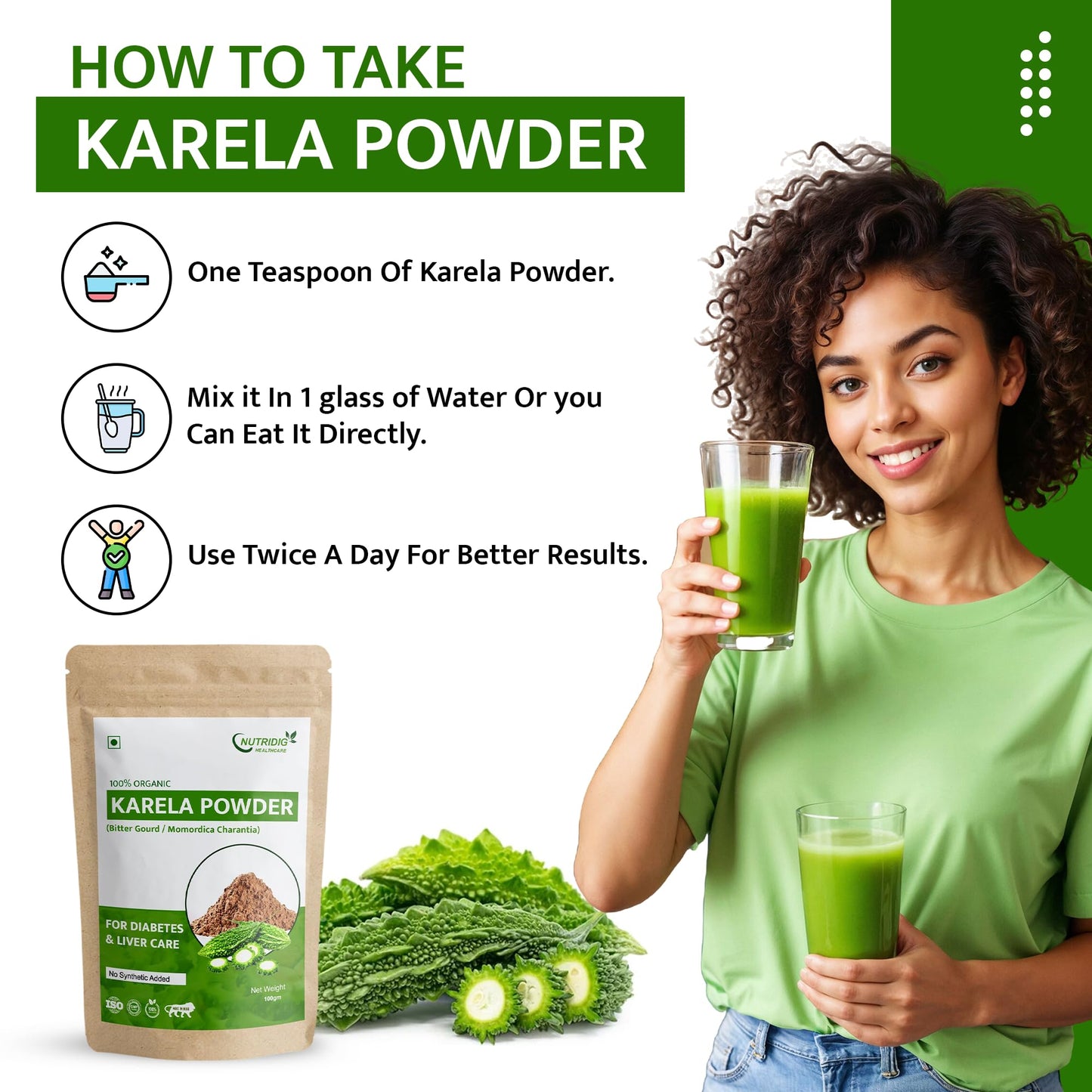 Nutridig Healthcare 100% Natural Karela (Bitter Gourd) Powder, 100gm, Cleanses Liver & Managed Blood Sugar Level | Rich in Antioxidants, Vitamins and Minerals - Diabetes Care Powder