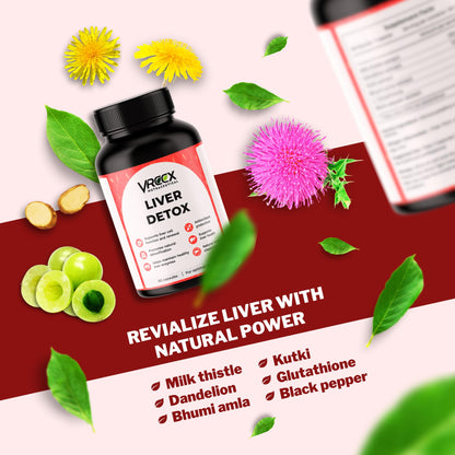 VREEX Liver detox contains Milk Thistle with Dandelion, Kutki, Bhumi Amla & L-Glutathione | Natural Liver Support & Detox Supplement | Herbal Antioxidant Support – 60 Capsules