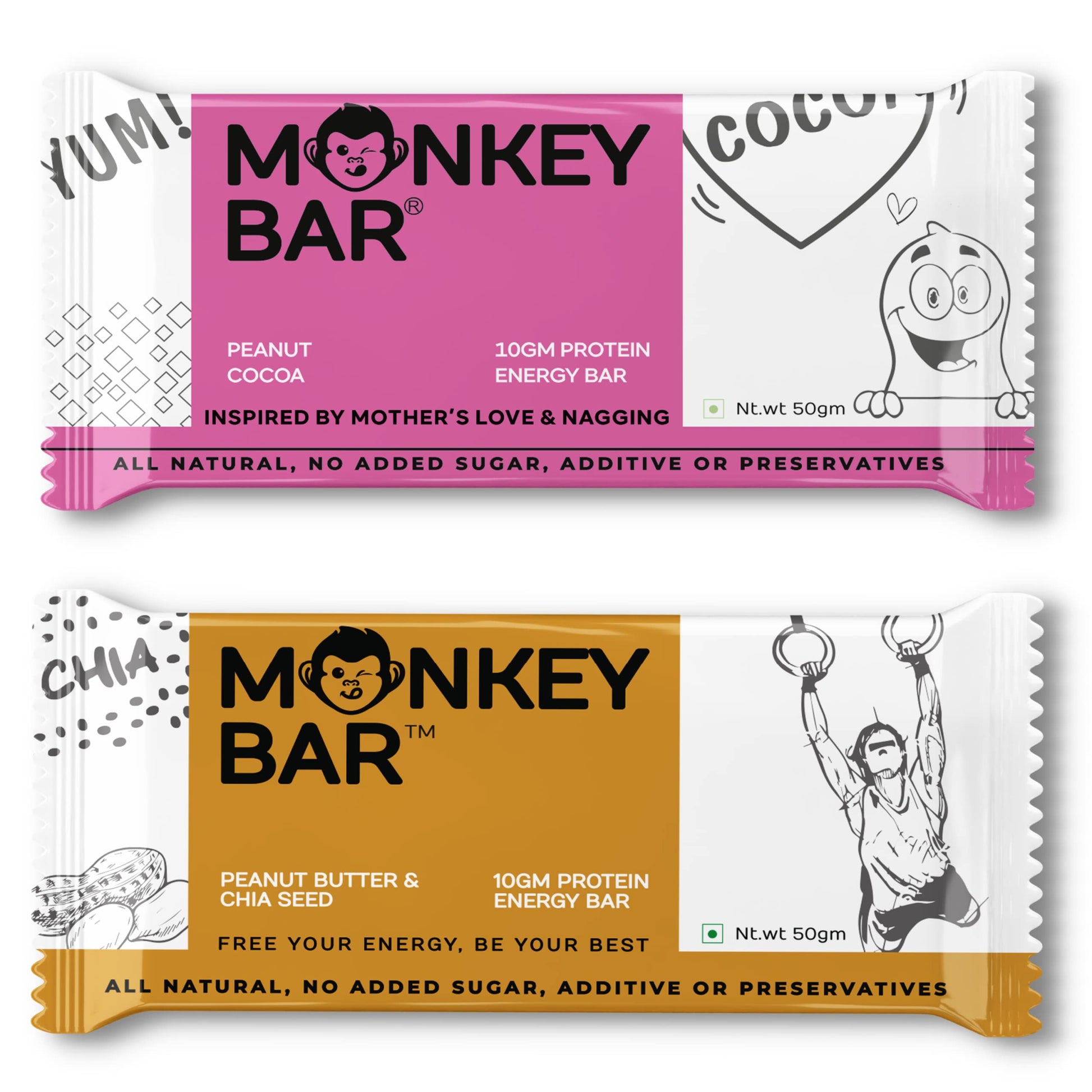 MONKEY BAR - Nuts for Peanuts Protein Bars - 8 Bars, 2 Flavours, 50g each, 12-13