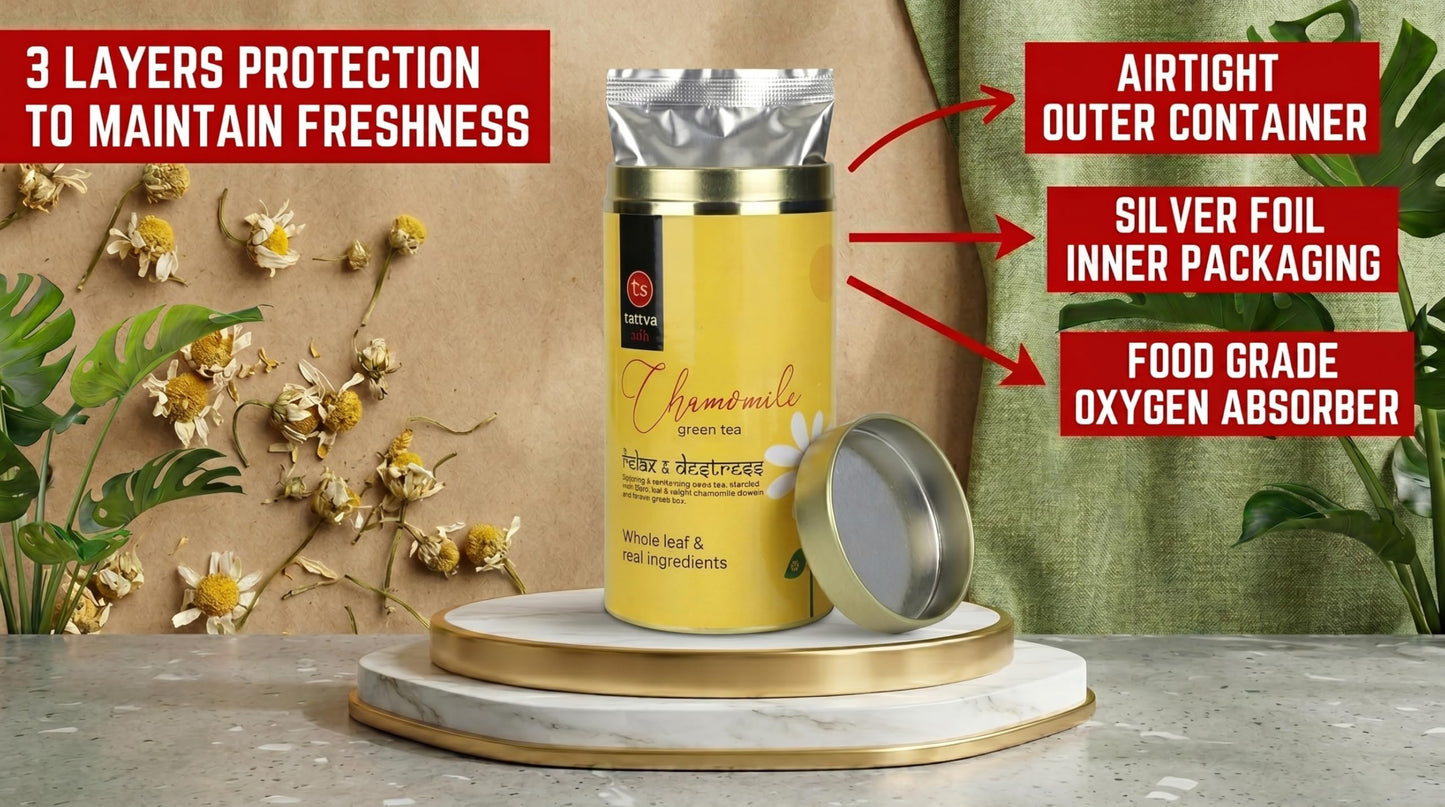 Tattva Adih Chamomile Green Tea | Stress Relief & Good Sleep I Whole Leaf Green Tea & Pure Flower Buds of Chamomile|Loose Leaves (100 grams (Airtight Container))
