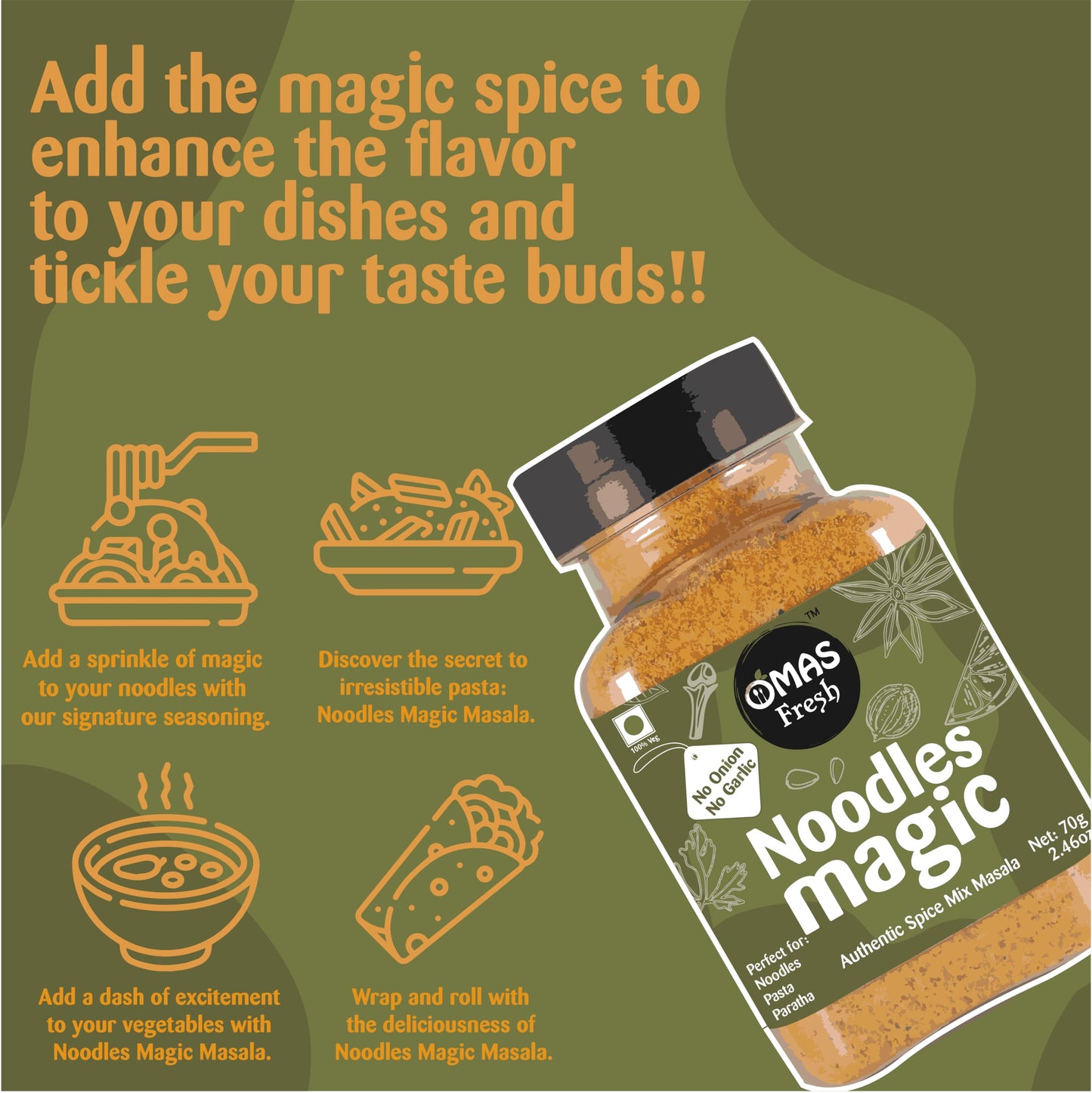 Omas Fresh No Onion, No Garlic Noodles Magic Authentic Spice Mix Masala Powder 70G | Jain Masala Best for Making Noodles, Pasta, Paratha, Wrap, 0.068 Kg