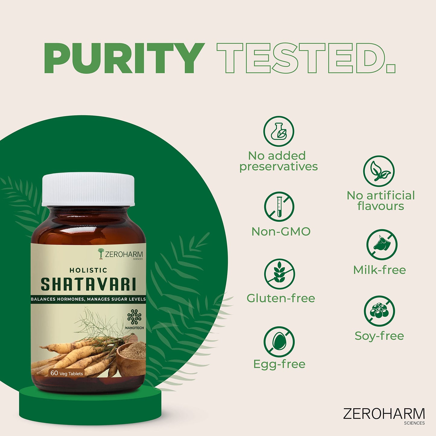 ZEROHARM Holistic Shatavari tablets | Herbal health supplement for women | Balanced hormones | Antioxidant effects | Boosts overall health | Reduces acne | Improves chances of conception.