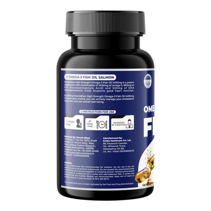Muscle Blast Omega-3 Fish Oil Capsules, Triple Strength Salmon Oil with 1400mg Omega-3, 800mg EPA & 500mg DHA – Heart, Brain & Joint Health Support, 60 Softgels