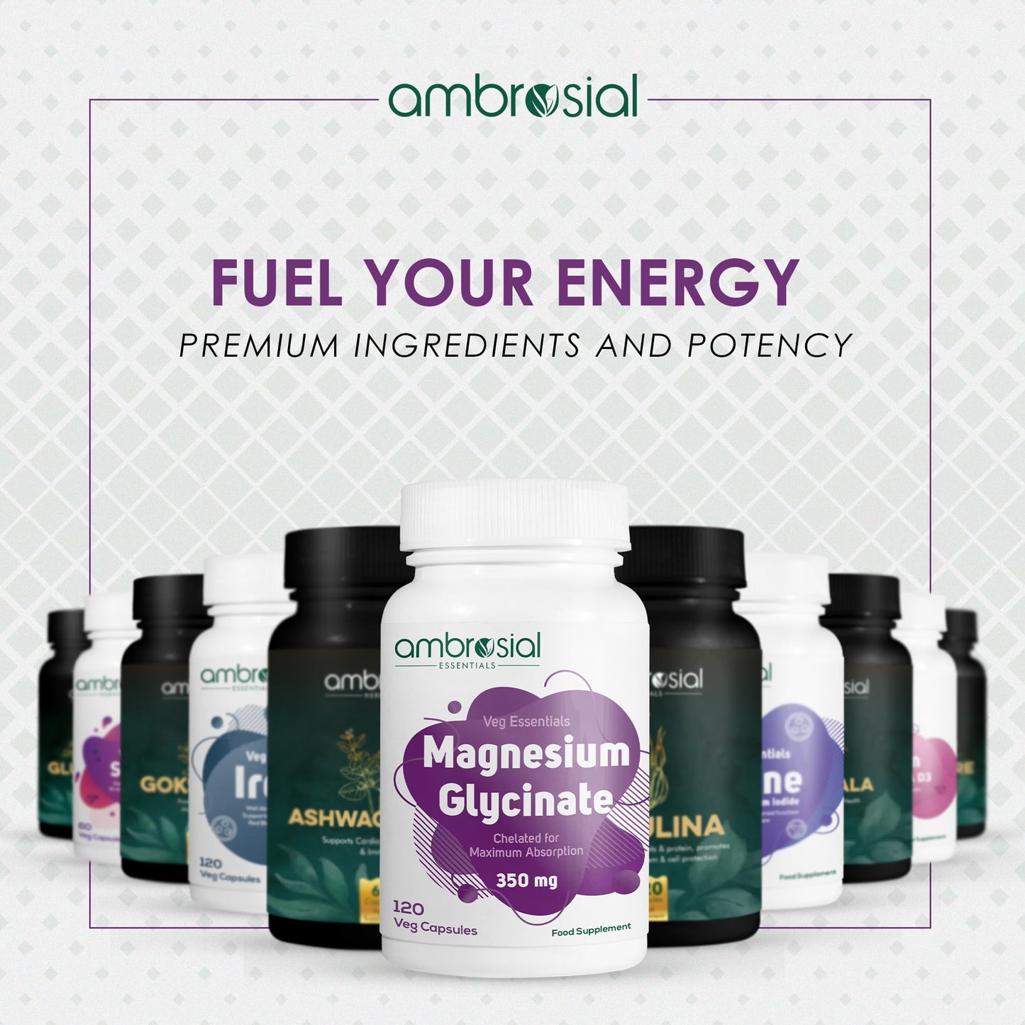 Ambrosial Magnesium Glycinate 350mg | High Absorption Magnesium Supplement for Enhanced Muscle and Nerve Function | Promotes Optimal Bone Health | Tiredness and Fatigue (Pack of 1-120 Capsules)