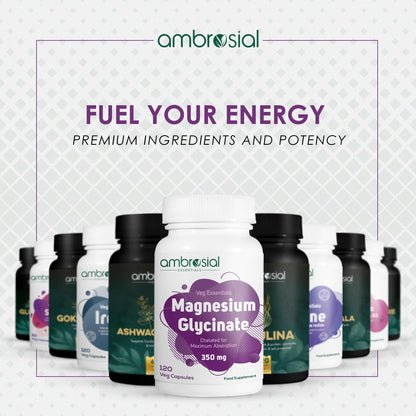 Ambrosial Magnesium Glycinate 350mg | High Absorption Magnesium Supplement for Enhanced Muscle and Nerve Function | Promotes Optimal Bone Health | Tiredness and Fatigue (Pack of 1-120 Capsules)