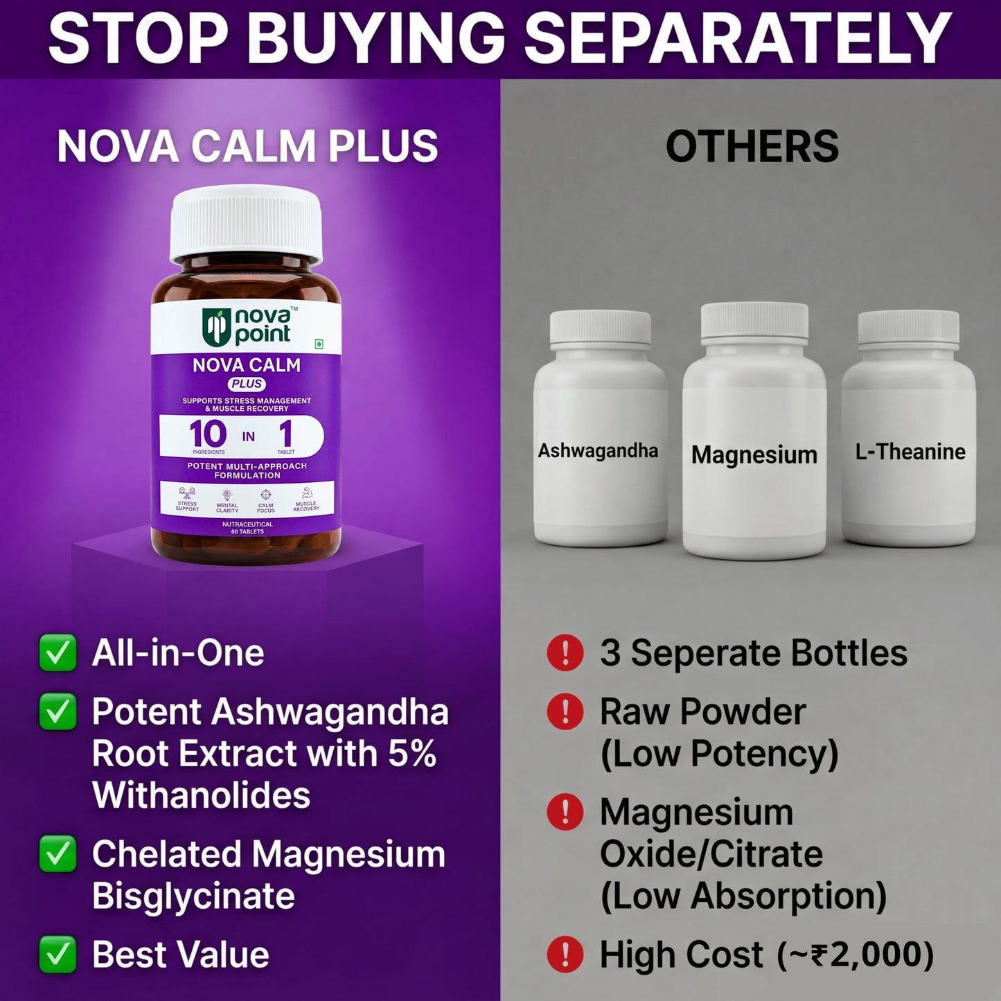 NovaPoint Magnesium Bisglycinate (Chelated) & Ashwagandha Root (5% Withanolides for Max Results) | Advanced & Potent 10-in-1 Formula for Stress Relief & Muscle Recovery | 60 Veg Tablets