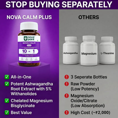 NovaPoint Magnesium Bisglycinate (Chelated) & Ashwagandha Root (5% Withanolides for Max Results) | Advanced & Potent 10-in-1 Formula for Stress Relief & Muscle Recovery | 60 Veg Tablets