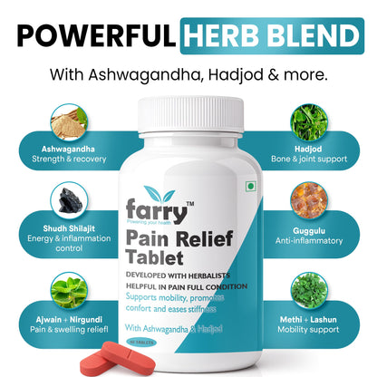 Farry Pain Relief Tablet | With Ashwagandha, Hadjod & 15+ Ayurvedic Herbs | Supports Joint Mobility, Reduces Stiffness & Back Pain | Ayurvedic Proprietary Medicine | 60 Tablets