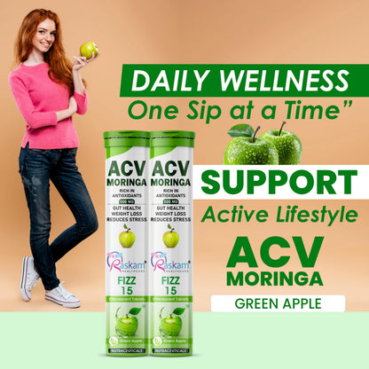 ACV Moringa Effervescent Tablets 500mg Apple Cider Vinegar with Moringa No Added Sugar for Gut Health Weight Loss Green Apple Flavor Pack of 4 (15 Tablets Each)
