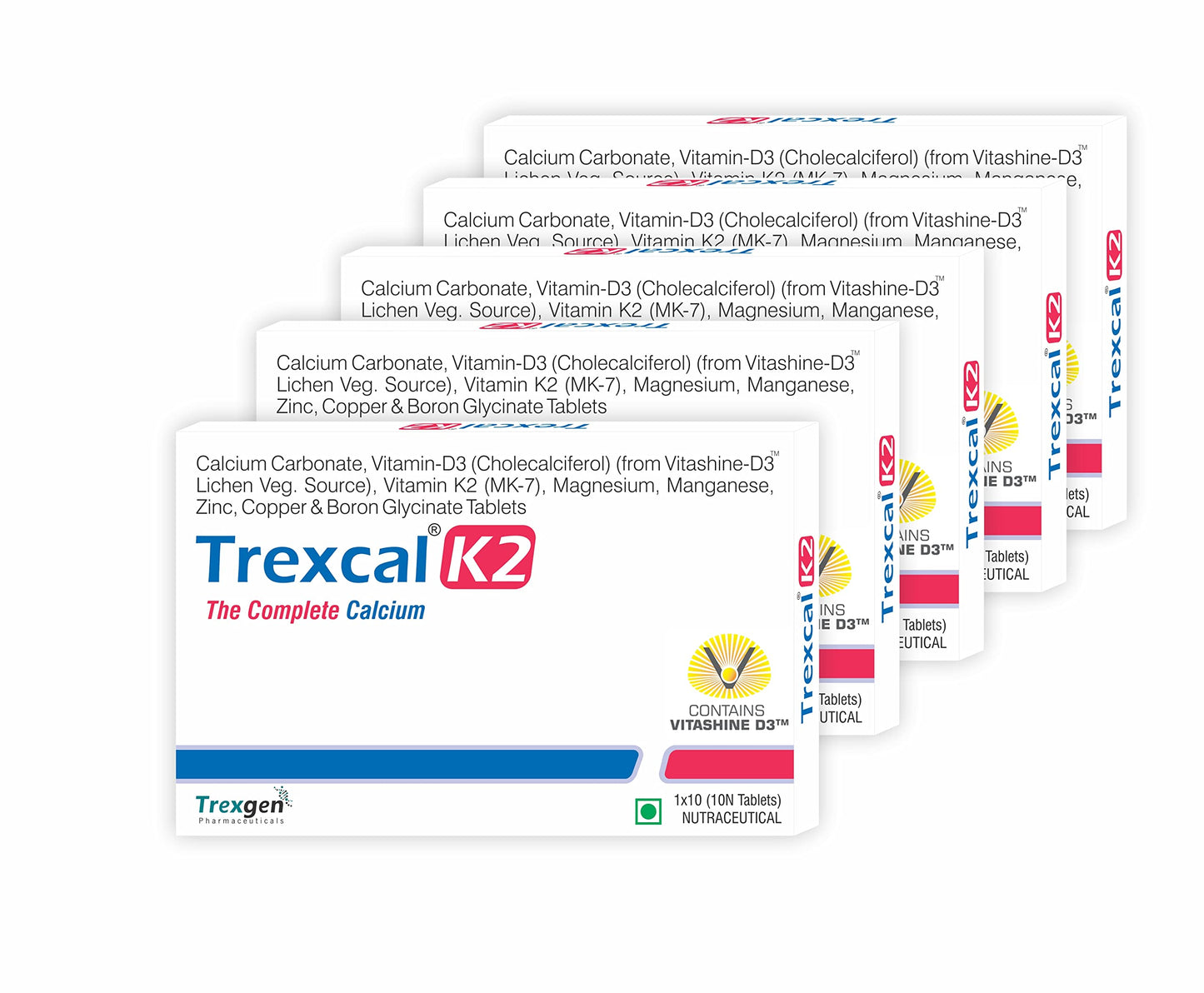 Trexgen TREXCAL-K2 The COMPLETE CALCIUM with Elemental Calcium 500 mg; Vitamin D3(Stabilized)400 IU; Vit. K2-7 55 mcg & BONE MATRIX Minerals Magnesium; Boron; Zinc; Manganese & Copper(5x10=50 Tablets)