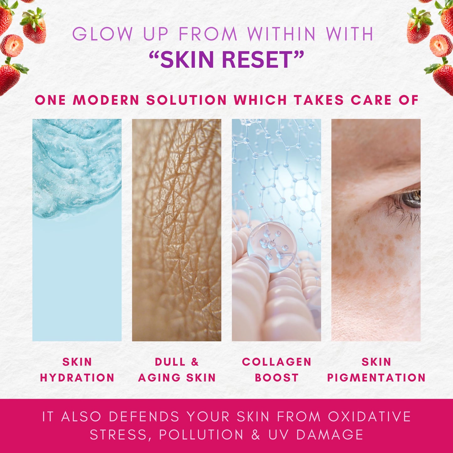 Revaya Skin Reset Plant Based L-Glutathione for Skin Glow, Pigmentation & Dark Spots | Sugar Free, With L-Glutathione Supplement, Vitamin C, Grape Seed Extract | Helps in Skin Brightening, Detox & Collagen Booster | 15 Sachets Strawberry Flavour