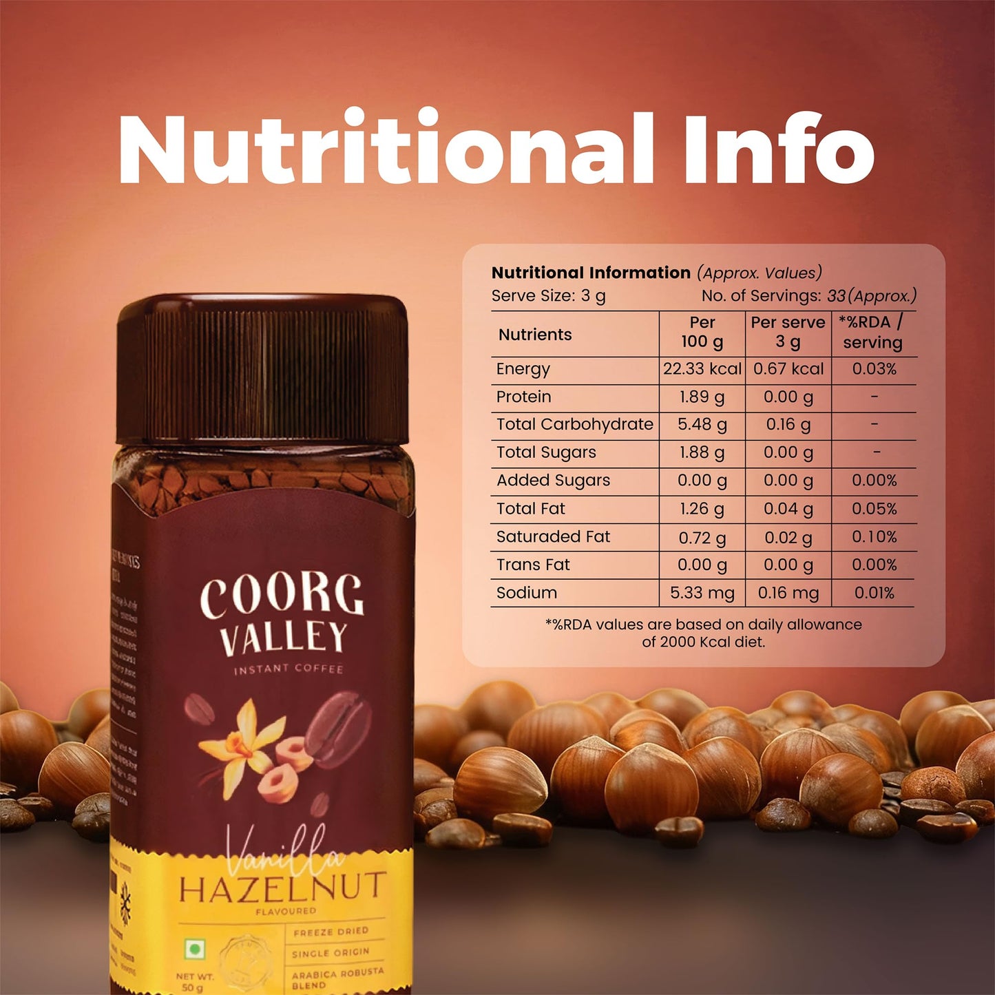 Coorg Valley Vanilla Hazelnut Instant Coffee 50g | Flavoured Coffee | Premium Blend of Robusta & Arabica | Freeze Dried | Make Café Style Hot & Cold Coffee at Home