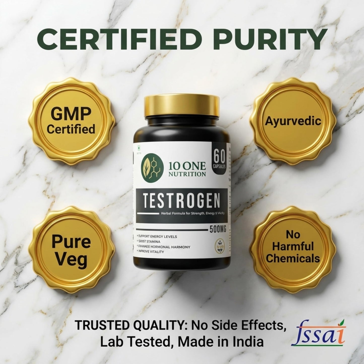10 One Nutrition Testrogen Gold Testosterone Support Capsules for Men | Ashwagandha, Safed Musli, Shilajit & Gokhru | Stamina, Strength, Energy & Muscle Growth | 60 Veg Capsules | Ayurvedic Formula