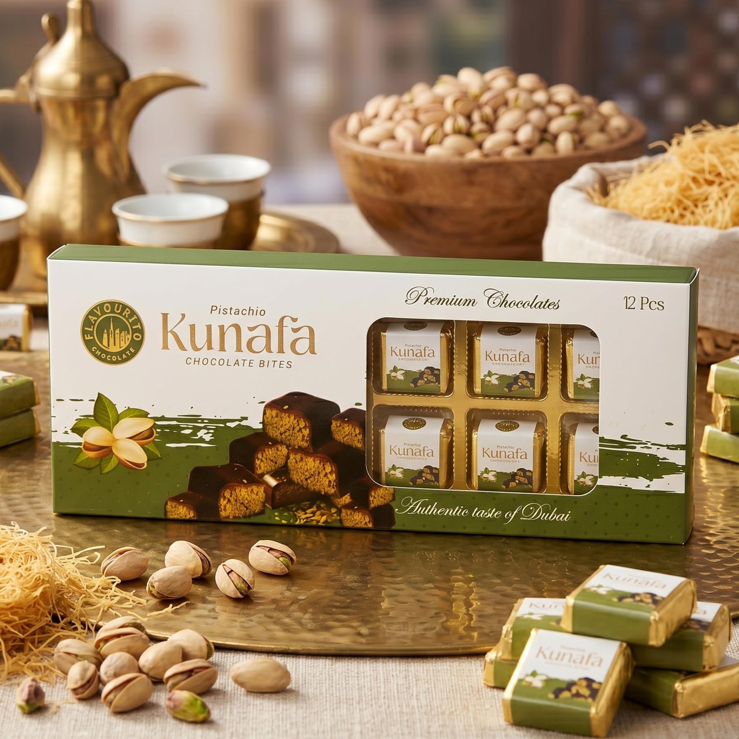 Flavourito Kunafa Chocolate 20g X 12 Pieces Each, Luxurious Dessert Coated, Golden Kunafa (vermicelli) Filled With Rich, Creamy Pistachio Chocolate By DECADENT FOODS