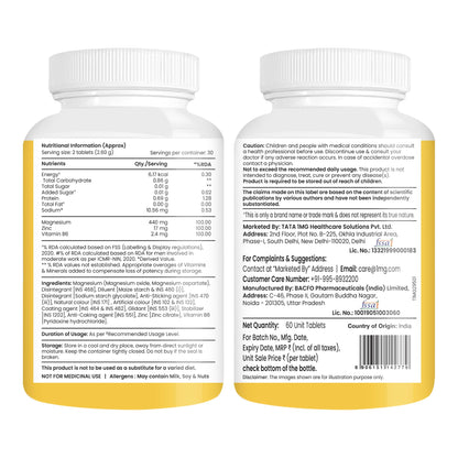 TATA 1MG ZMA+ Vitamin B6 Tablets| 100% RDA of Magnesium & Vitamin B6 | High Absorption Zinc Citrate for Muscle Recovery, Sleep & Strength | Reduces Cramps & Fatigue | 60 Tablet