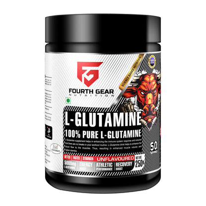 FOURTH GEAR L-Glutamine 100% Pure Micronized | 5000mg per Serving | Unflavoured Muscle Recovery, Energy & Performance Supplement | 250g (50 Servings) | Vegetarian
