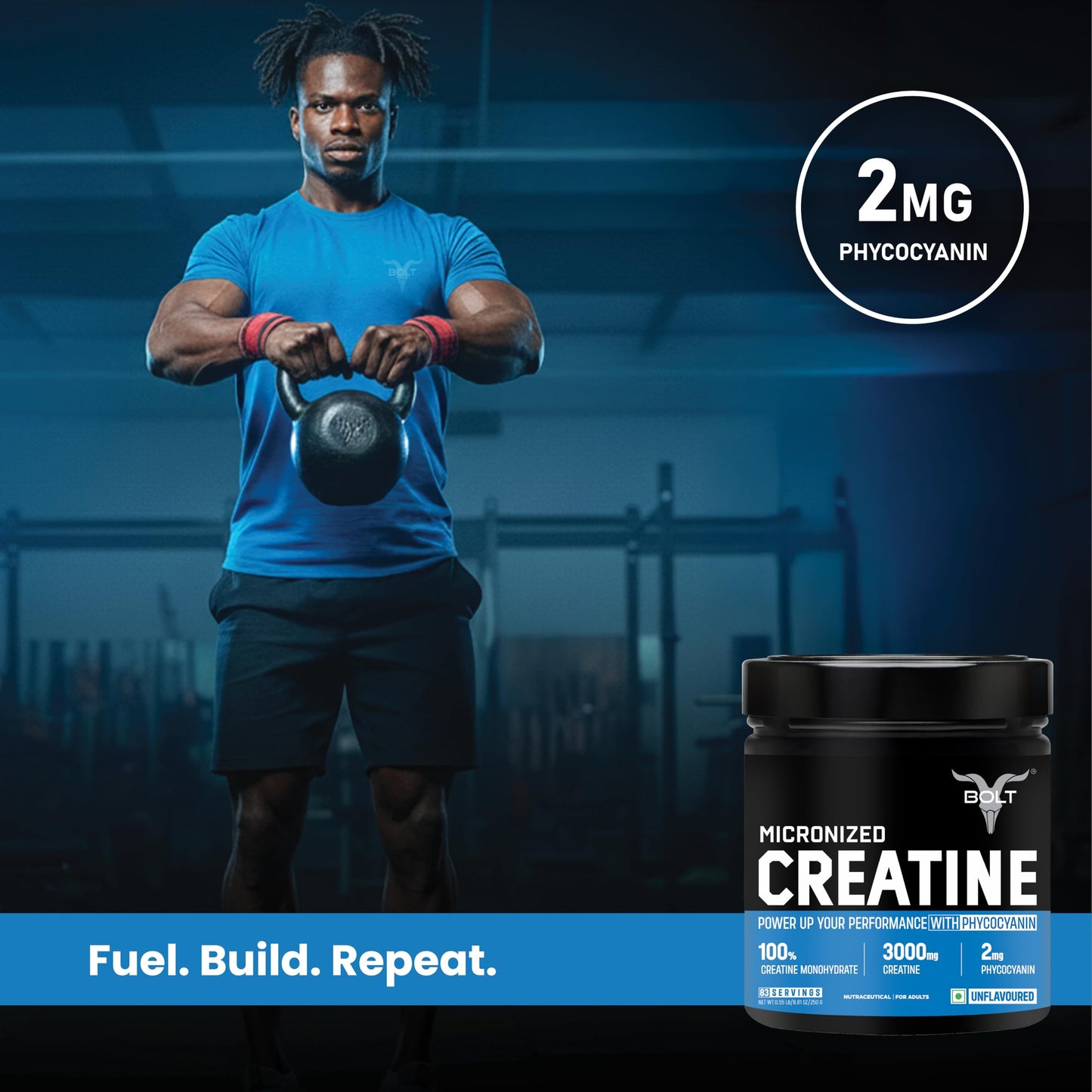 Bolt Micronised Creatine Monohydrate 3000 Powder|With Phycocyanine|Boosts Athletic Performance|Provides Energy Support For Heavy Workout|Formulated In Usa| 250 grams (0.55Lb),83 Serving|Unflavored