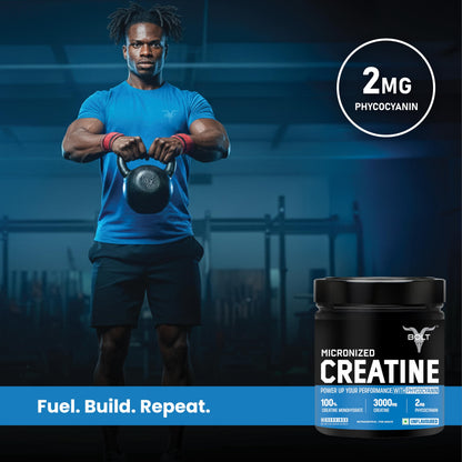 Bolt Micronised Creatine Monohydrate 3000 Powder|With Phycocyanine|Boosts Athletic Performance|Provides Energy Support For Heavy Workout|Formulated In Usa| 250 grams (0.55Lb),83 Serving|Unflavored
