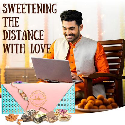 THE SWEET BLEND Raksha Bandhan - Rakhi Gift Hamper Box with Chocolate Sweets, Almonds, Semi-Precious Stone Rakhi & Personalized Card for Brother