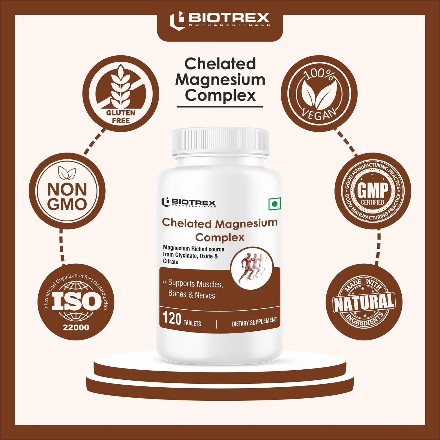 Biotrex Nutraceuticals Chelated Magnesium Complex, Magnesium Riched Source From Glycinate, Oxide & Citrate, Supports Bone, Muscle & Nerves Health - 120 Vegetarian Tablets