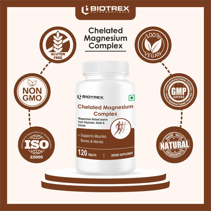 Biotrex Nutraceuticals Chelated Magnesium Complex, Magnesium Riched Source From Glycinate, Oxide & Citrate, Supports Bone, Muscle & Nerves Health - 120 Vegetarian Tablets