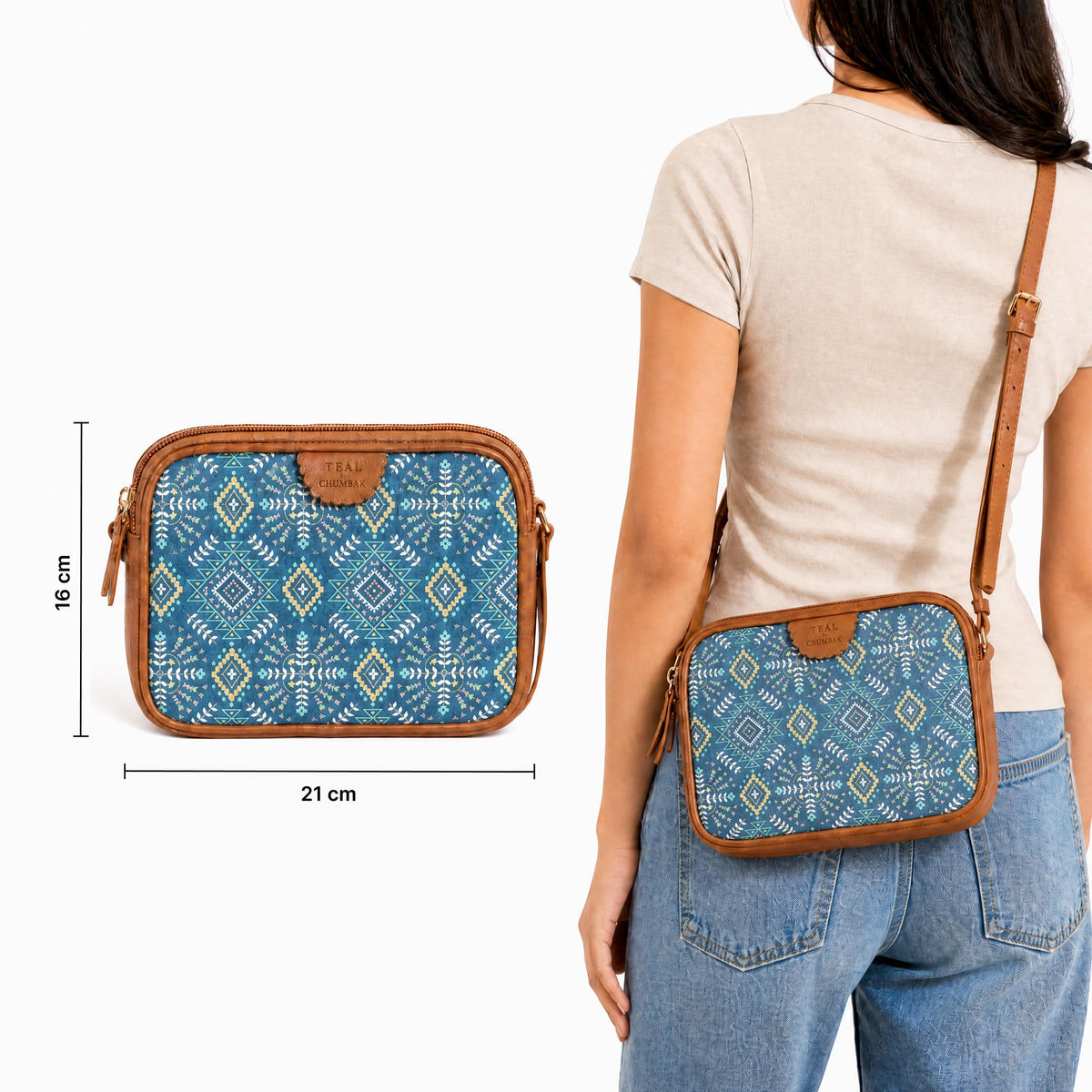 TEAL BY CHUMBAK Women's Sling Bag, Printed Canvas Crossbody Bag with PU Accents, Lightweight and Stylish Shoulder Bag with Zipper Closure for College, Office, Travel and Daily Use