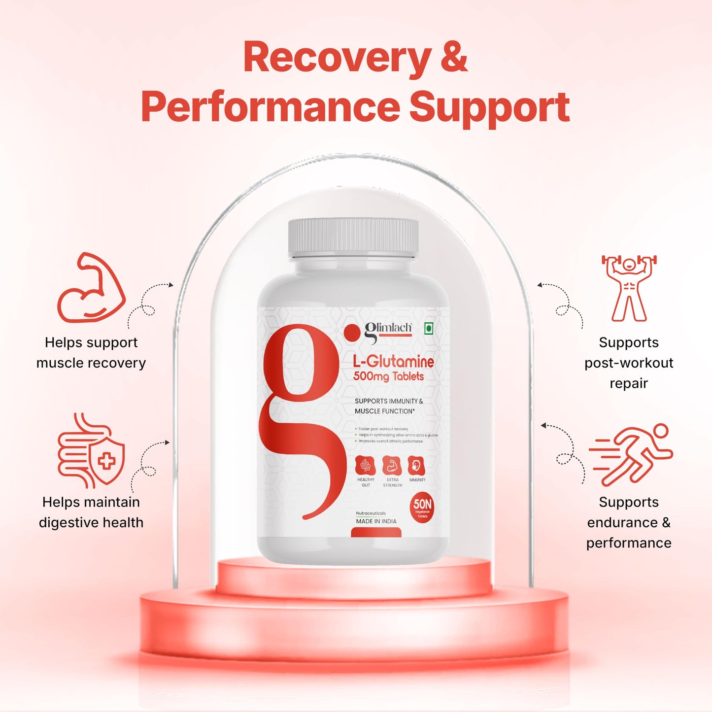 GLIMLACH L-Glutamine 500mg Tablets, Supports Immunity & Muscle Function, 50 Tablets