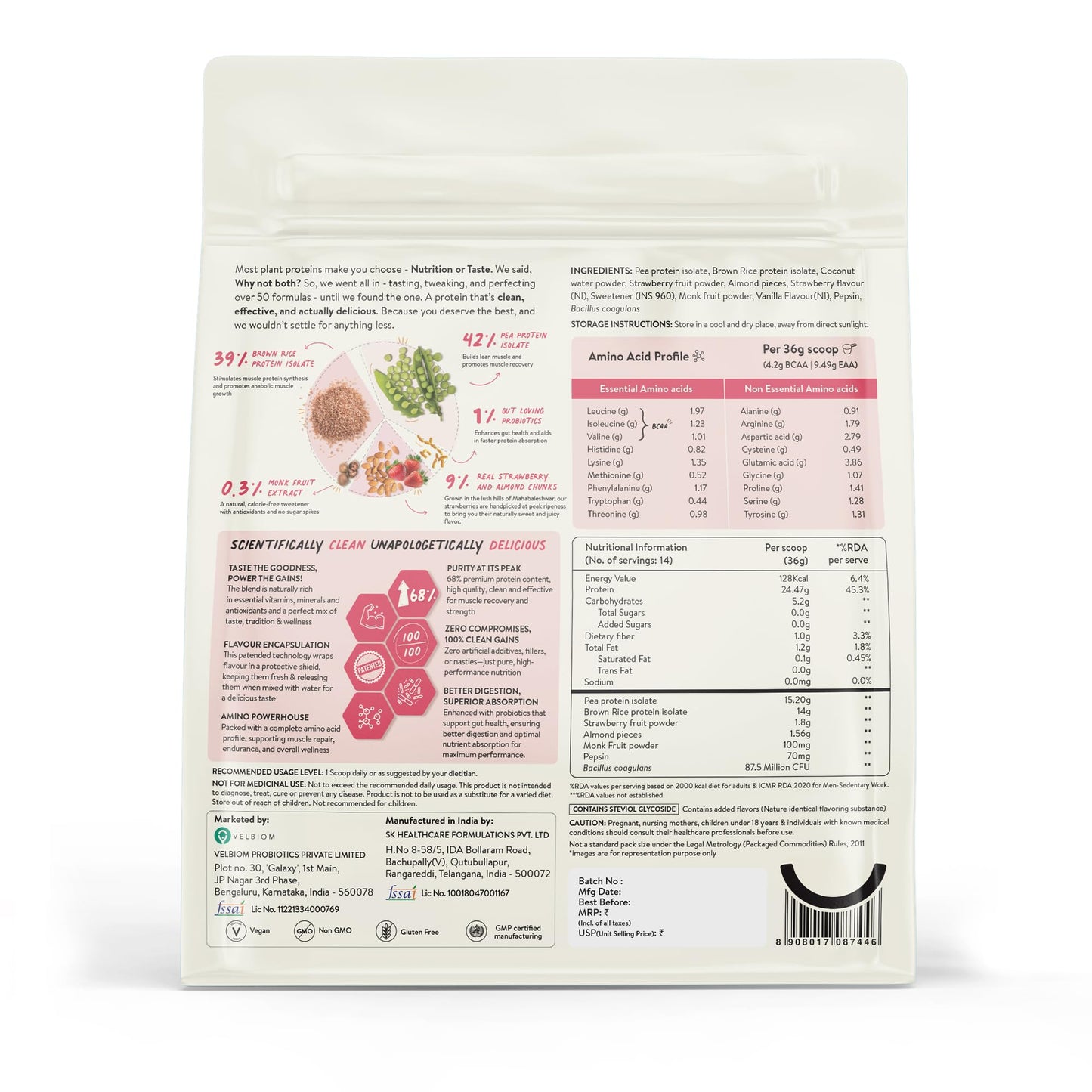 Happy Cultures 24g Tastiest Plant Protein| Mahabaleshwar Strawberry & Almond Chunks| No Added Sugar| Pea & Brown Rice Protein Isolate| Vegan| 20 Complete Amino Acids| Monk Fruit Extract| Women & Men| No Bloating, Easy to Digest| Dairy Free with Probiotics