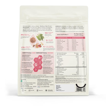 Happy Cultures 24g Tastiest Plant Protein| Mahabaleshwar Strawberry & Almond Chunks| No Added Sugar| Pea & Brown Rice Protein Isolate| Vegan| 20 Complete Amino Acids| Monk Fruit Extract| Women & Men| No Bloating, Easy to Digest| Dairy Free with Probiotics