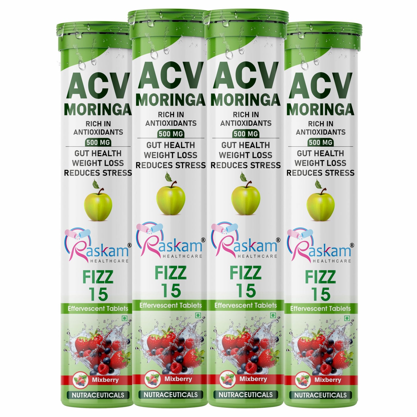 Raskam ACV Moringa Effervescent Tablets | Mixberry Flavor, 500mg | Boost Energy & Immunity Naturally with Antioxidants | Controls Cravings (4 Packs of 15 Tablets Each)