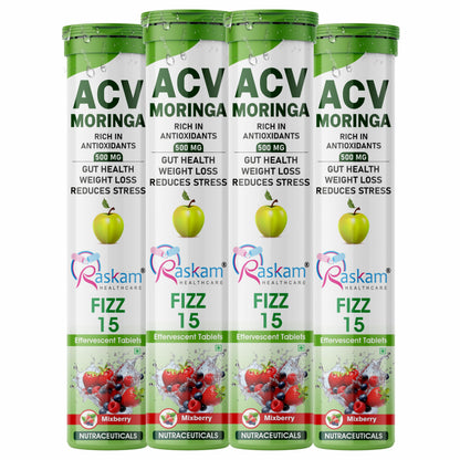 Raskam ACV Moringa Effervescent Tablets | Mixberry Flavor, 500mg | Boost Energy & Immunity Naturally with Antioxidants | Controls Cravings (4 Packs of 15 Tablets Each)