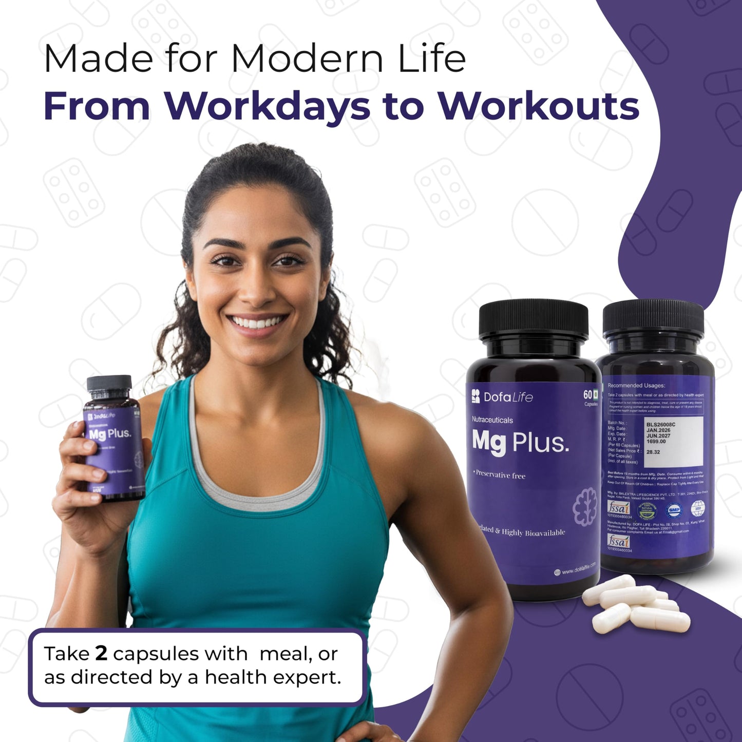 DofaLife Magnesium Glycinate Capsules 1000mg | Highly Absorbable Chelated Magnesium | Supports Muscle Recovery, Sleep, Bones & Nerve Health | 60 Veg Capsules