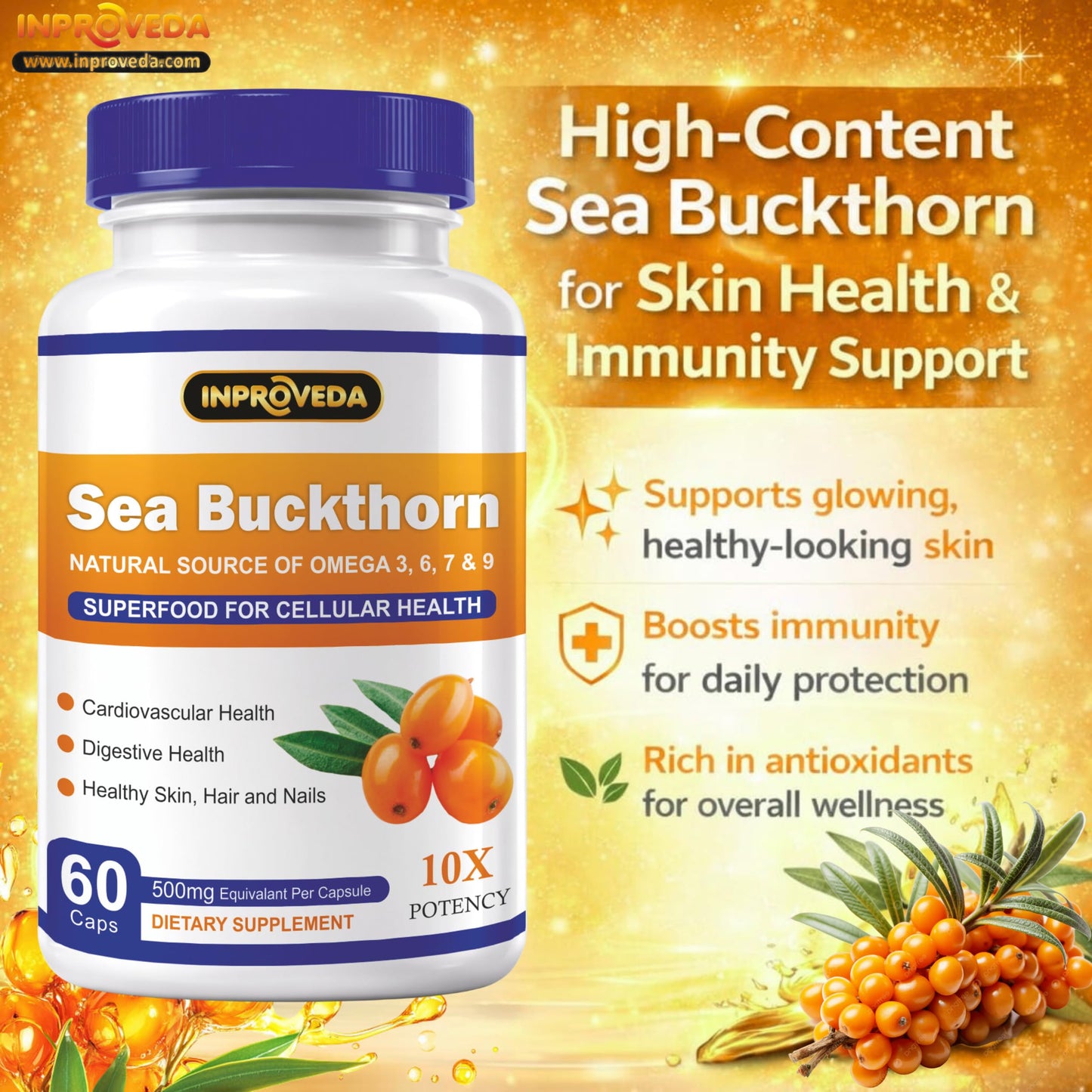Sea Buckthorn 500mg Capsules for Daily Wellness & Skin Nutrition | Natural Herbal Supplement for Active Lifestyle & Overall Health Support | Monthly Pack - 60Capsules