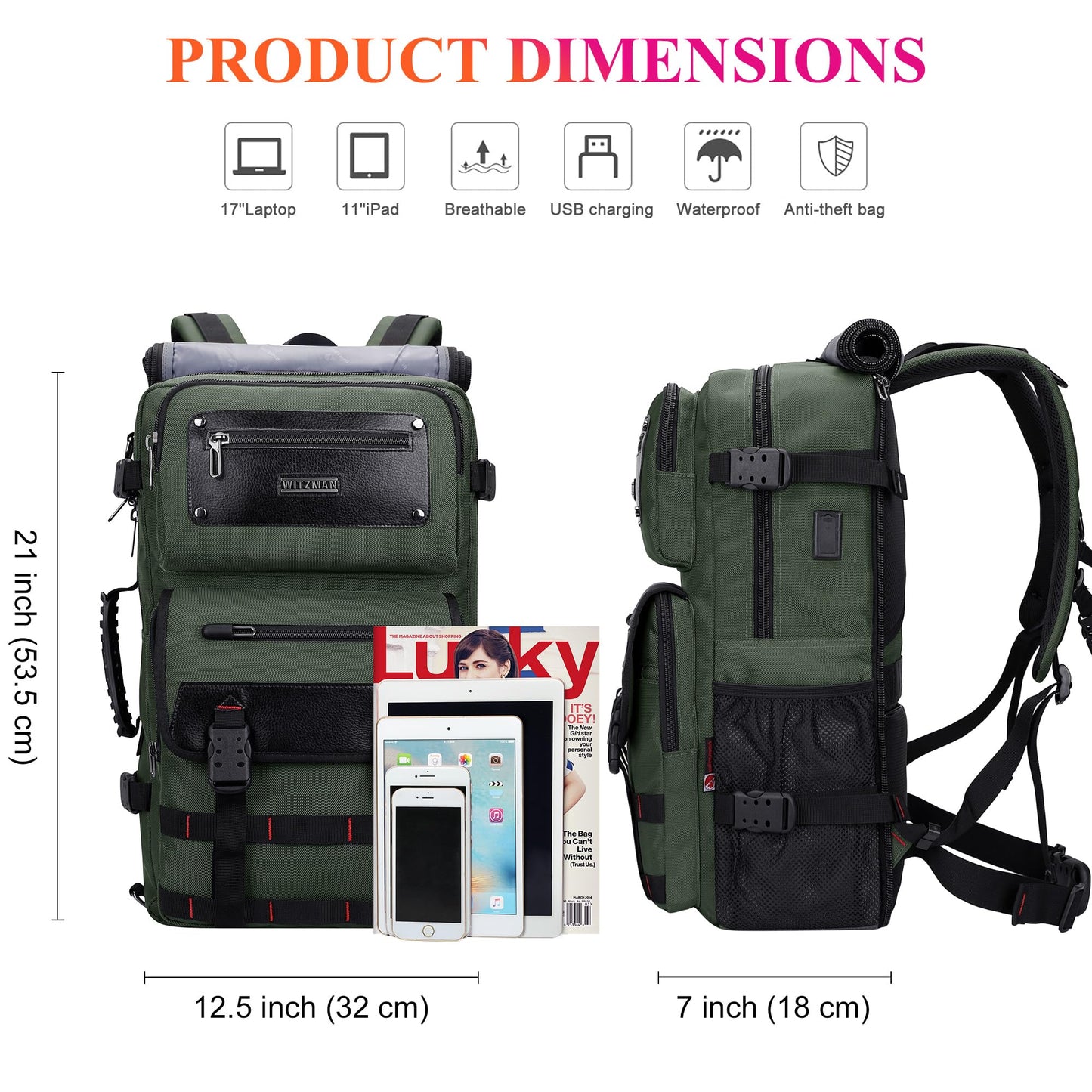WITZMAN Carry On Travel Backpack for Men Fit 17 Inch Laptop Airline Approved 3 in 1 Laptop Backpack(B685 Army Green)