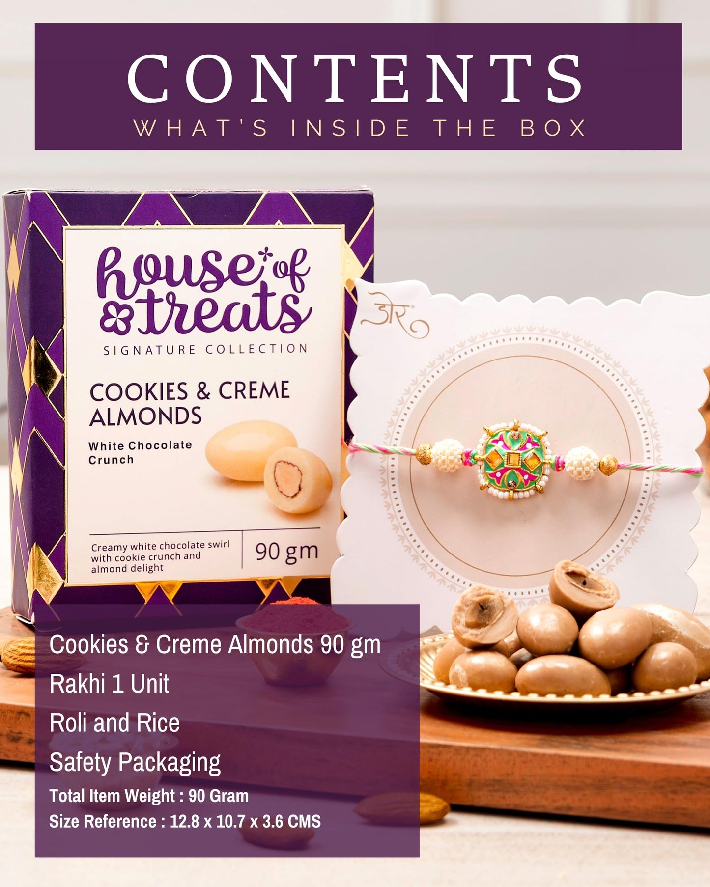 HyperFoods® Rakhi with Chocolates Gift for Brother Cookies and Creme Almonds 90 Grams Chocolate Gift Pack Rakhi for Brother with Chocolates Pink Sky Rakhis with Roli and Rice Chocolate Gift