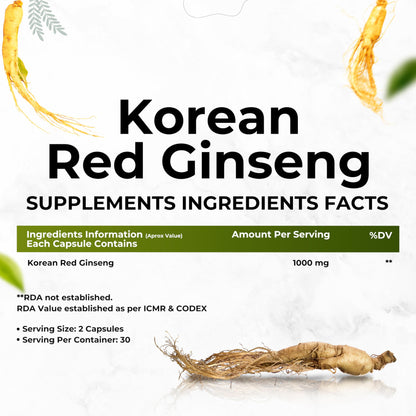 HEALTH VEDA ORGANICS PRIVATE LIMITED Korean Red Ginseng 1000 mg | 60 Veg Capsules | Supports Energy, Vitality & Strength | For Men & Women