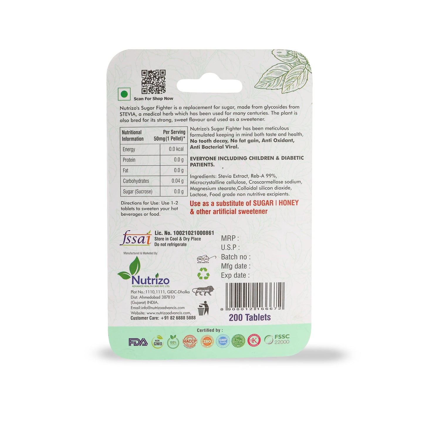 Sugar Fighter Stevia Tablets – Zero-Calorie Plant-Based Sweetener, 200 Tablets x 5, Pack of 5