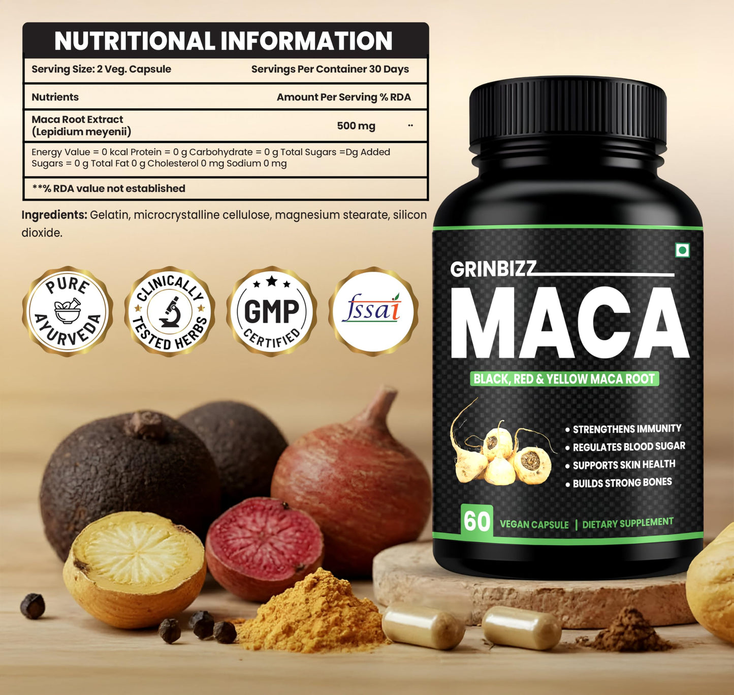 Grinbizz Maca Root Capsules | Black, Red & Yellow Maca Extract | Supports Energy, Stamina, Hormonal Balance & Immunity | Herbal Natural Supplement | 60 Vegan Capsules