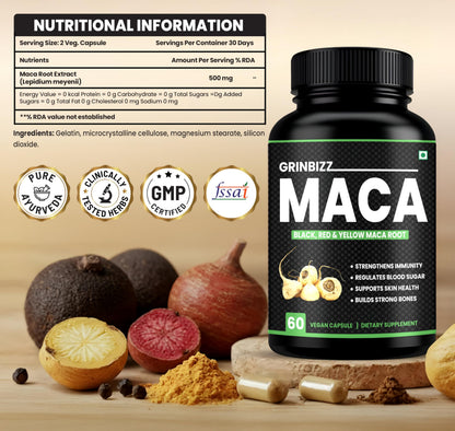 Grinbizz Maca Root Capsules | Black, Red & Yellow Maca Extract | Supports Energy, Stamina, Hormonal Balance & Immunity | Herbal Natural Supplement | 60 Vegan Capsules