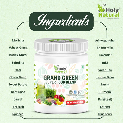 Grand Green Super Food Blend – 241 gm I 30 Serving I Rich in Vitamin C & E I Immunity & Energy Booster I Fat Burner I Supper Nutrients Blend of Herbal, Fruit & Vegetable