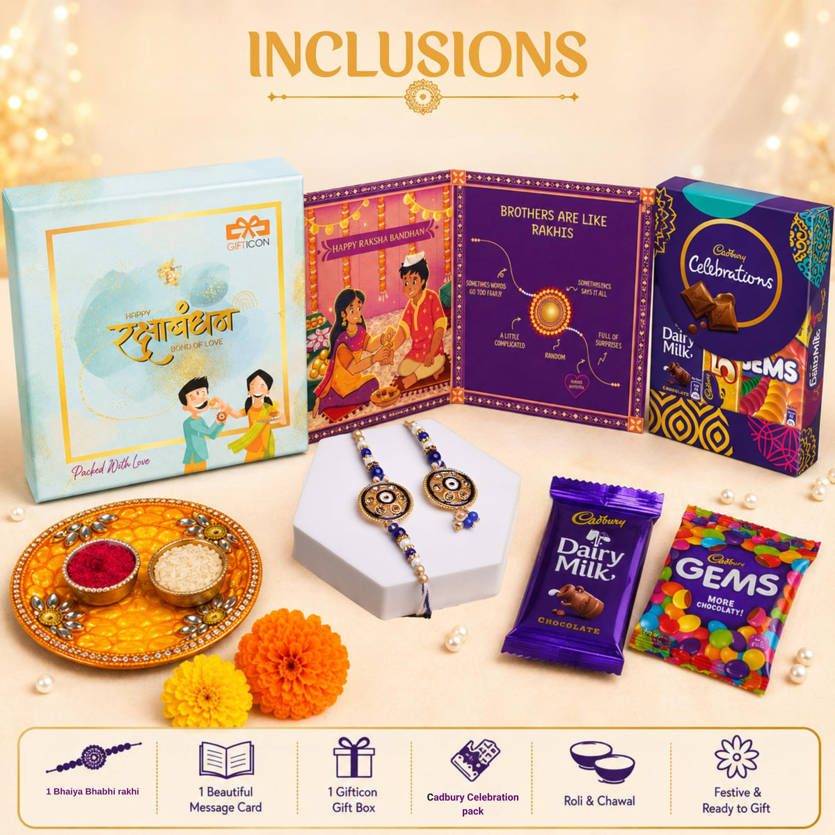 Gifticon Bhaiya Bhabhi Rakhi for Brother and Bhabhi with Chocolate - 1 Pair of Bhaiya Bhabhi Rakhi | 1 Celebrations Pack | 1 Greeting Card | Roli Chawal | Gift Box | IB16