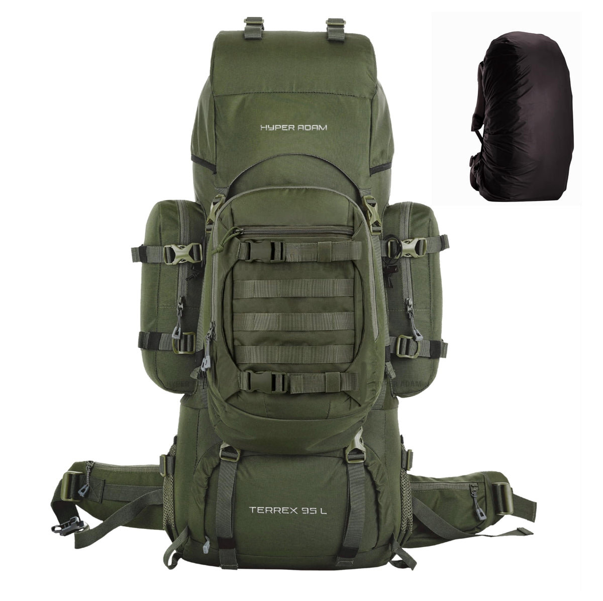 Hyper Adam 95 Ltr Rucksack With Detachable Hiking Backpack & Rain Cover for Trekking & Travelling | Mountain Bags For Men & Women| Backpack Military Grade Made With 3 Year Warranty (Military Green)