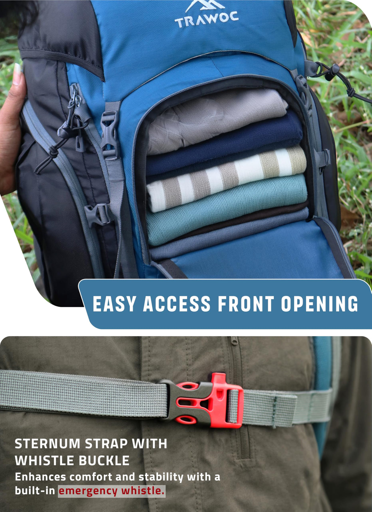 TRAWOC VALOR MAX 75 Ltr Travel Backpack Camping Hiking Trekking Bag Rucksack for Men & Women with Rain Cover/Shoe Compartment, English Blue, 3 Year Warranty