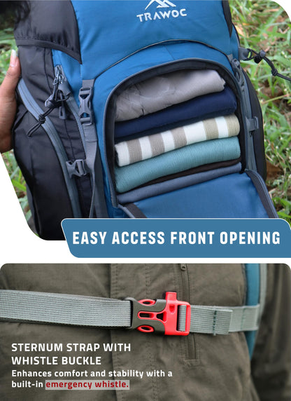 TRAWOC VALOR MAX 75 Ltr Travel Backpack Camping Hiking Trekking Bag Rucksack for Men & Women with Rain Cover/Shoe Compartment, English Blue, 3 Year Warranty