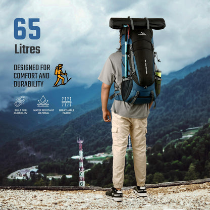 TRAWOC VENTURE PRO 65 Liter Internal Frame Camping Trekking Hiking Backpack Travel Bag for Men & Women Front & Top Loading Rucksack/Water Proof Rain Cover/Shoe Compartment, HK011 English Blue