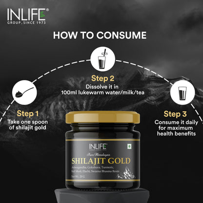 INLIFE Shilajit Gold 20g | Original Himalayan Shilajit Resin with Ashwagandha, Tribulus, Turmeric, Kali Musli | 75% Fulvic Acid | Lab Tested Ayurvedic Supplement