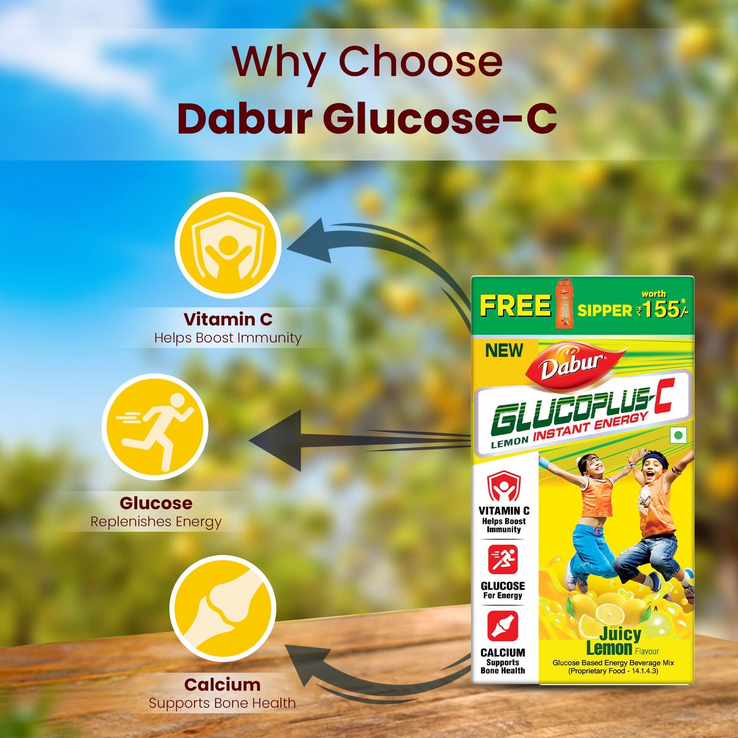 Dabur GlucoPlus C Nimbu Pani - 1 Kg Glucose Powder|Vitamin C Helps Boosts Immunity|Calcium Supports Bone Health |Replenishes Energy | Juicy & Tasty Lemon Flavour