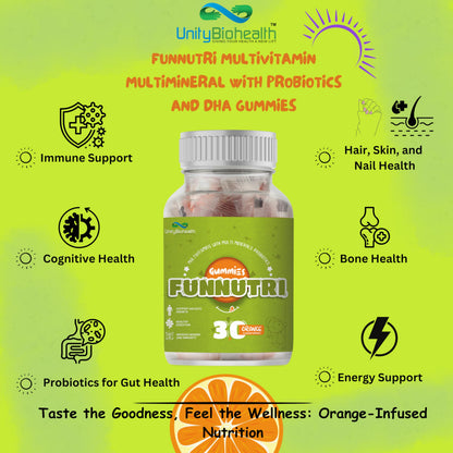 UNITY BIOHEALTH Funnutri Multivitamin Gummies for Kids Men & Women Supplement With Biotin, Essential Multi Vitamin For Healthy Growth, Development and immunity boosters for adults - 30 Gummy Bears