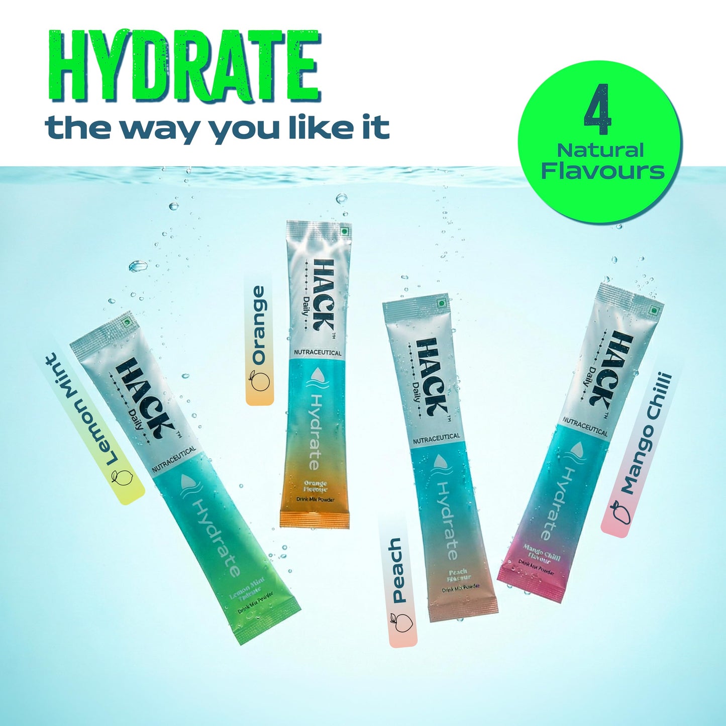 Hack Daily Hydrate Electrolyte Powder 28 Sachets, Zero Added Sugar Hydration Drink Mix with 6 Essential Electrolytes, Vitamin C & B12, Multi Flavor, for Summer Hydration, Workout Recovery & Travel Wellness (Peach, Mango Chilli , Lemon mint & Orange)