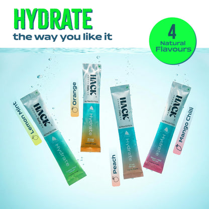 Hack Daily Hydrate Electrolyte Powder 28 Sachets, Zero Added Sugar Hydration Drink Mix with 6 Essential Electrolytes, Vitamin C & B12, Multi Flavor, for Summer Hydration, Workout Recovery & Travel Wellness (Peach, Mango Chilli , Lemon mint & Orange)